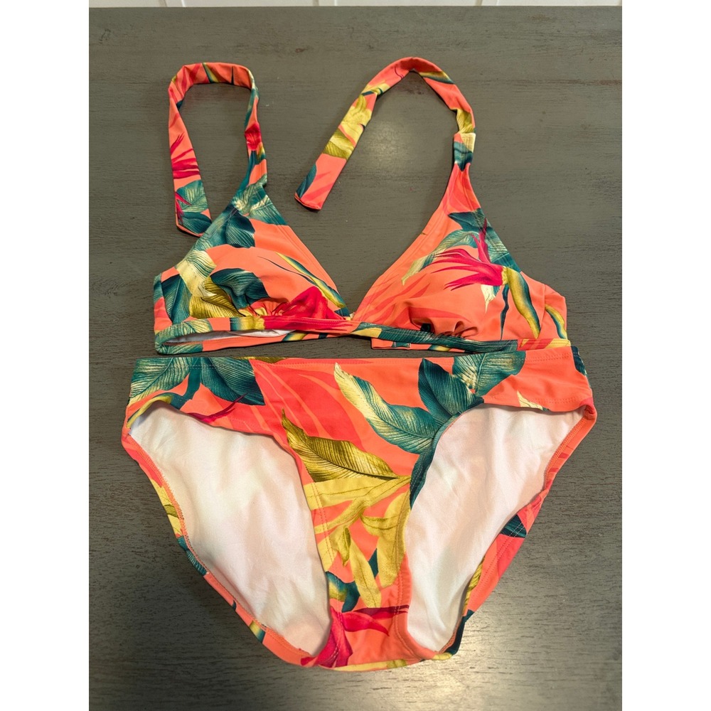 Kona Sol Womens Tropical Floral Bikini Set Coral Orange Pink Halter Top Large